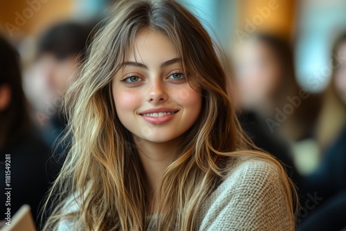 Young woman smiles warmly while sitting in a lively cafe filled with people during a sunny afternoon
