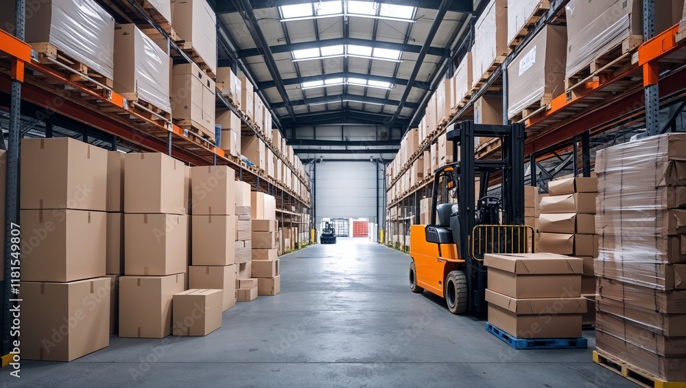 Warehouse with Stacks of Cardboard Boxes Arranged Neatly for Efficient Storage and Organization Warehouse with Stacks of Cardboard Boxes Arranged Neatly for Efficient Storage and Organization