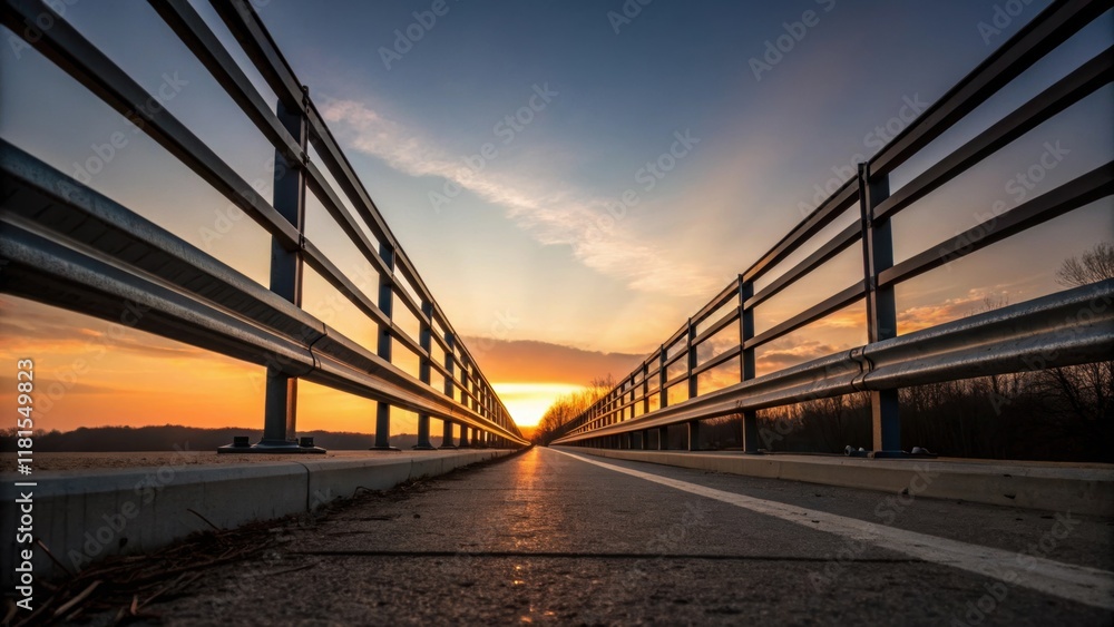 A lole shot emphasizes the height and strength of the guardrails framing them against the sky at dusk. The setting sun casts a warm glow over the metal creating a striking A lole shot emphasizes the height and strength of the guardrails framing them against the sky at dusk. The setting sun casts a warm glow over the metal creating a striking