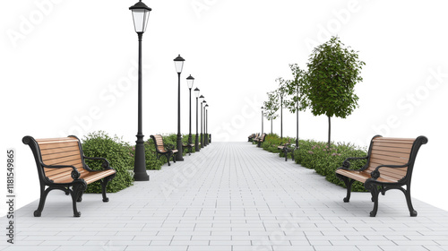 Fototapeta Naklejka Na Ścianę i Meble -  Serene Park Pathway with Benches and Streetlights