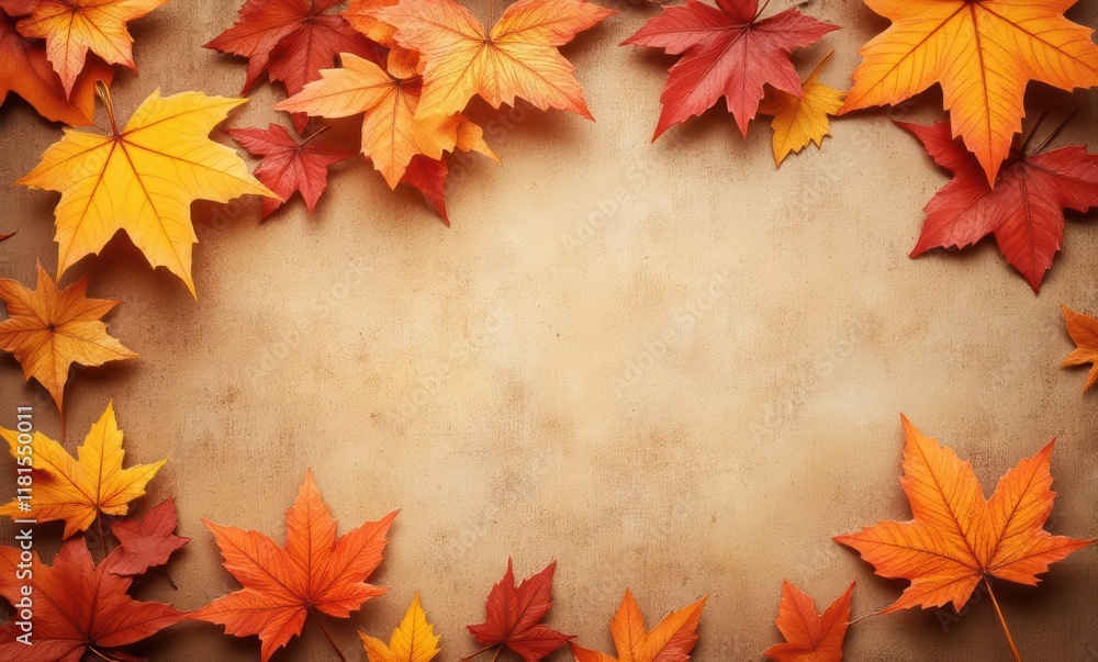 Colorful autumn leaves frame a rustic backdrop Colorful autumn leaves frame a rustic backdrop