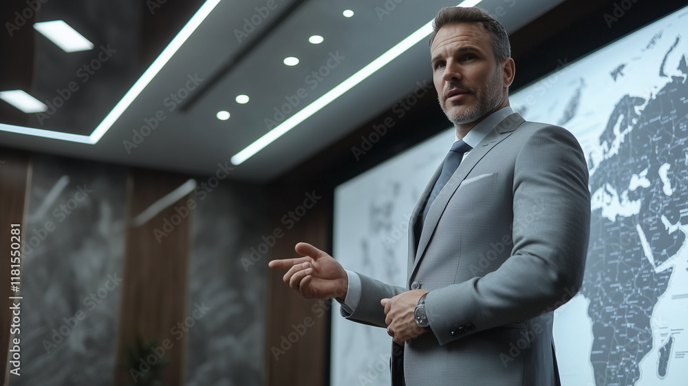 Fototapeta premium business confidently explaining investment options to clients in a modern boardroom. Clear communication and professionalism are emphasized.