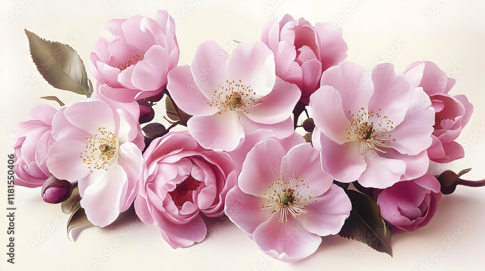 Pink Flowers Bloom Beautifully in Spring with Soft Petals and Leaves Pink Flowers Bloom Beautifully in Spring with Soft Petals and Leaves