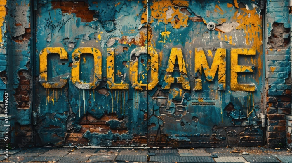 Fototapeta premium Vibrant graffiti art on a textured wall featuring the word 'Coloame' in bold yellow against a weathered blue background