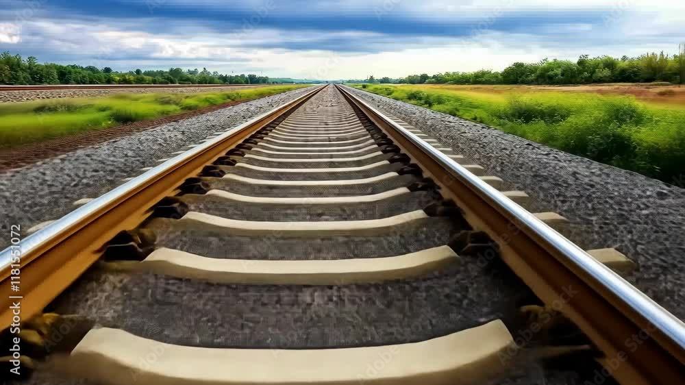 The train tracks extend far into the distance, flanked by vibrant, lush greenery under a blanket of soft, cloudy skies The train tracks extend far into the distance, flanked by vibrant, lush greenery under a blanket of soft, cloudy skies