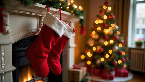 A Christmas stocking hanging by a fireplace with a decorated tree in the background.