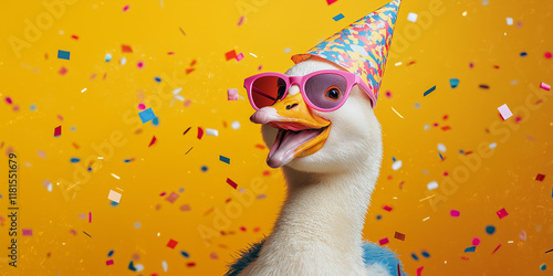 Festive celebration partying goose in colorful sunglasses bright yellow background fun image playful atmosphere close-up view whimsical concept