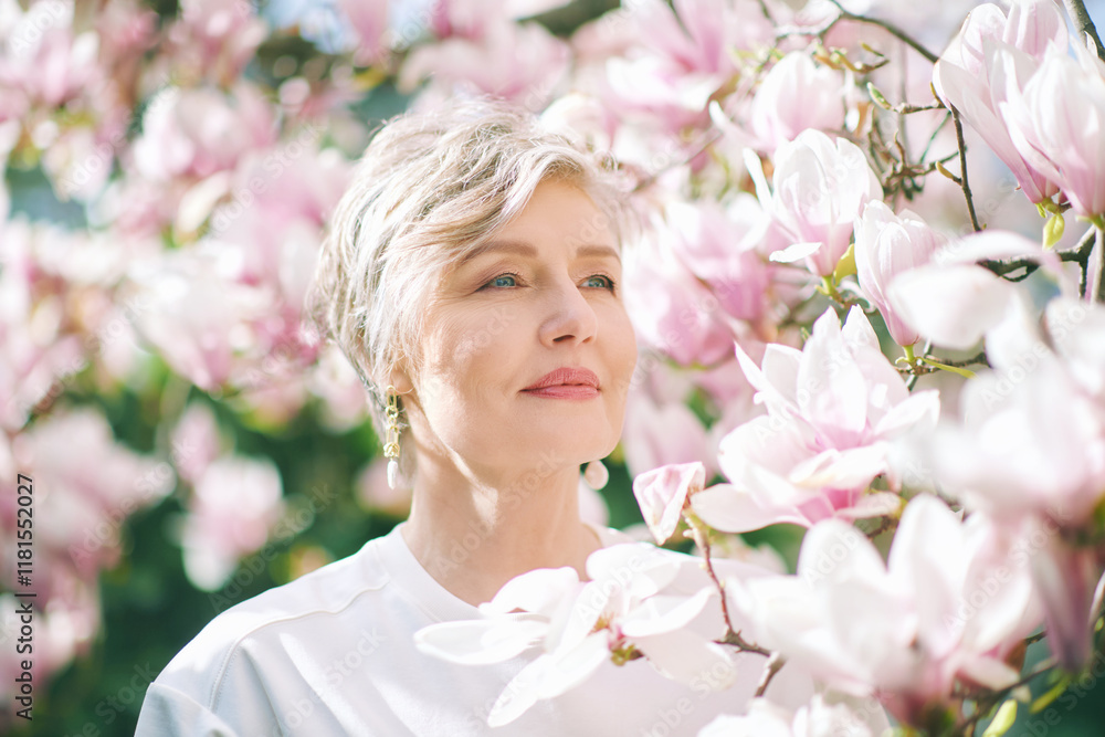 Spring close up portrait of beautiful 55 - 60 year old woman posing with magnolia tree Spring close up portrait of beautiful 55 - 60 year old woman posing with magnolia tree