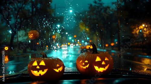 Pumpkins Glow on Rainy Nigh...