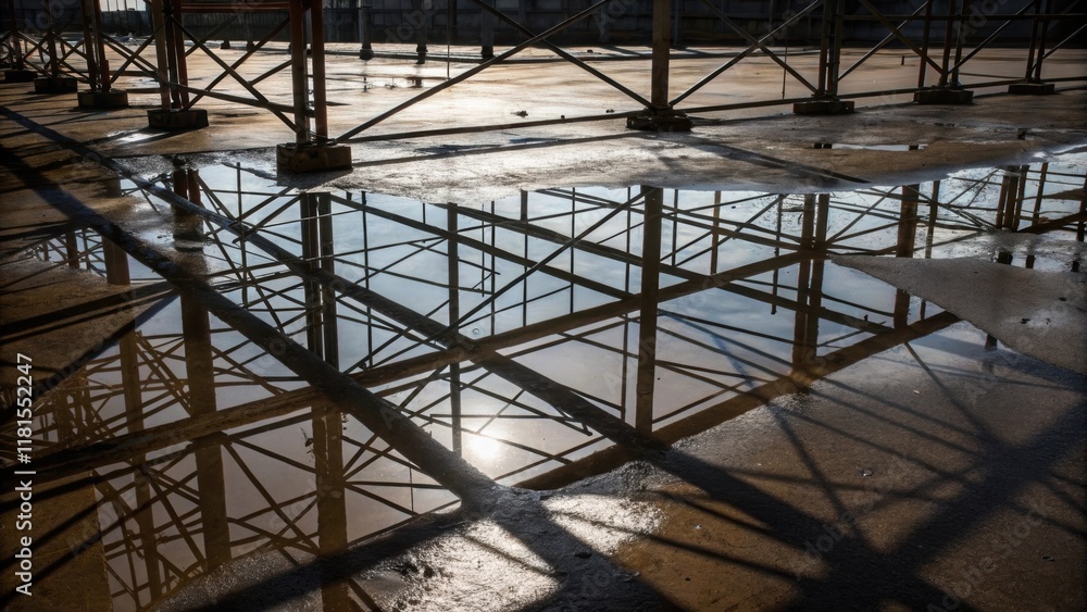 An abstract composition created by the shadows of scaffolding cast onto the wet ground below where puddles have formed after recent rain. The reflections create a distorted image An abstract composition created by the shadows of scaffolding cast onto the wet ground below where puddles have formed after recent rain. The reflections create a distorted image