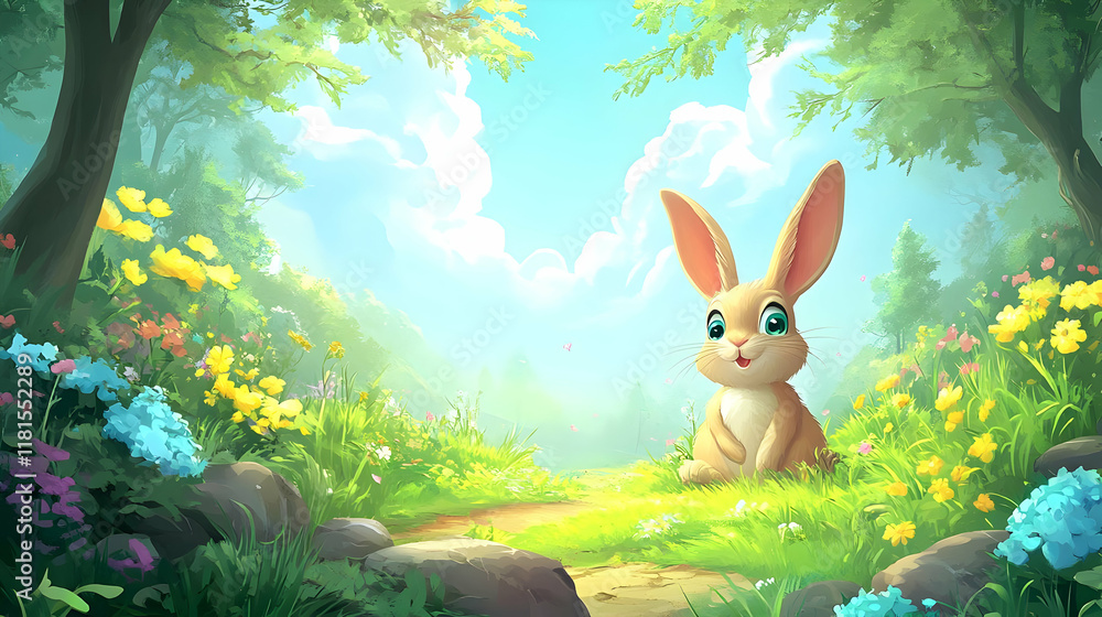 Cute Bunny Sits in a Sunny Meadow with Flowers Cute Bunny Sits in a Sunny Meadow with Flowers