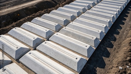 An aerial closeup displays the arrangement of precast barriers laid out on a construction site forming a sinuous line that guides the eye. The overhead shot reveals the stark photo