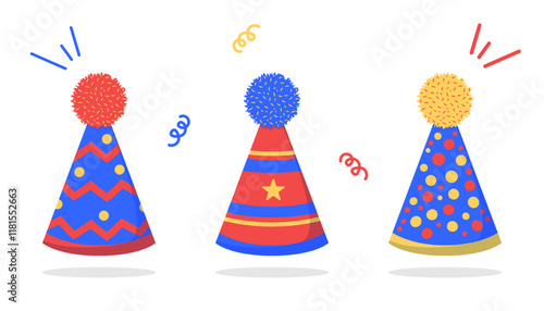 Three colorful party hats with unique designs and pom-poms on a white background with festive confetti. Celebration concept