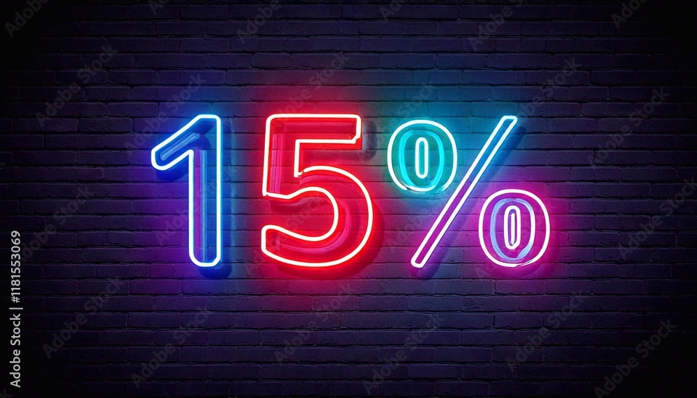 Bright neon sign displaying fifteen percent discount on a dark brick wall backdrop