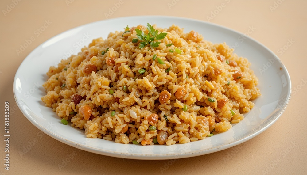 Deliciously spiced rice dish with raisins and herbs on a plate. Deliciously spiced rice dish with raisins and herbs on a plate.