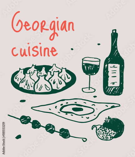 Set of Georgian Food Including Khinkali Wine Khachapuri Pomegranate Skewer Plate. Traditional Cuisine Concept. Vector Flat Illustration on Light Background.