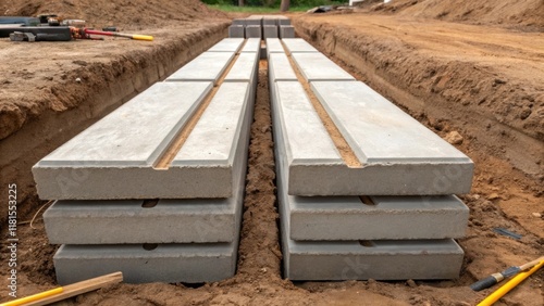 An angle emphasizing the seams between stacked precast concrete segments revealing their precise alignment and craftsmanship. The earthy tones of the dirt and tered tools add an photo