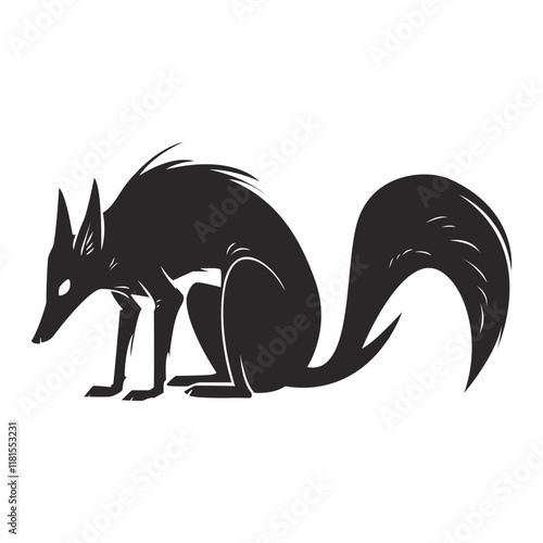 Vector black and white illustration of fox silhouette drawn in cartoon style. Isolated on white background clip art object. Wild shaggy baby fox. Simple flat style graphic. Concept digital art.