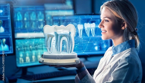 Innovative technology for dental health showcased by a researcher in a lab environment