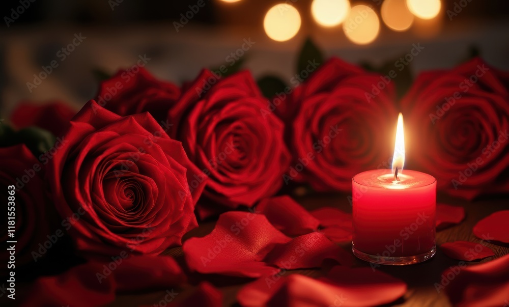 Romantic scene with red roses and candlelight Romantic scene with red roses and candlelight