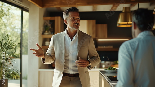 A charismatic realtor in a beige suit gestures towards an open-plan kitchen during a luxury home tour. The setting exudes elegance with warm lighting highlighting premium features.