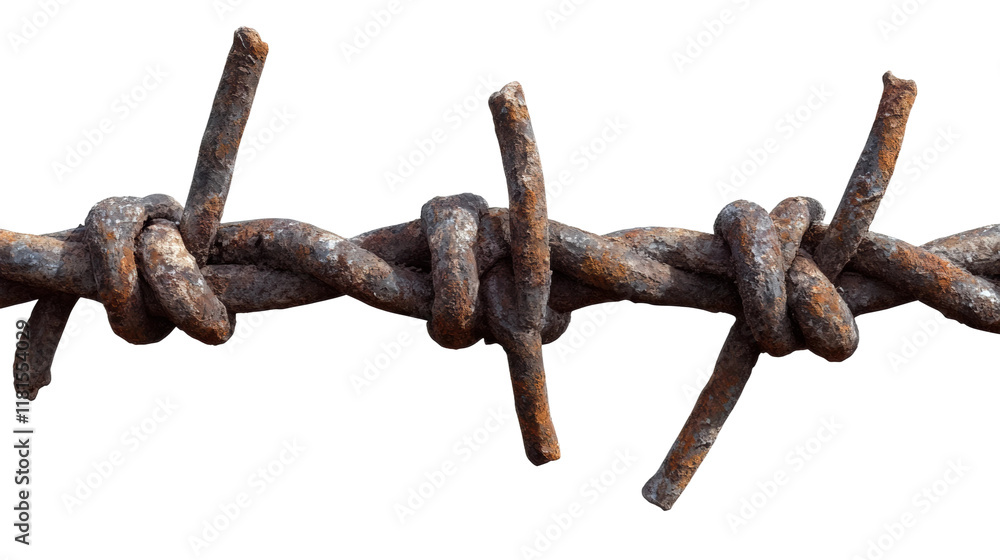 Rusty barbed wire closeup with sharp twisted metal, detailed texture of weathered iron, symbol of security, danger, and barriers isolated on transparent background Rusty barbed wire closeup with sharp twisted metal, detailed texture of weathered iron, symbol of security, danger, and barriers isolated on transparent background