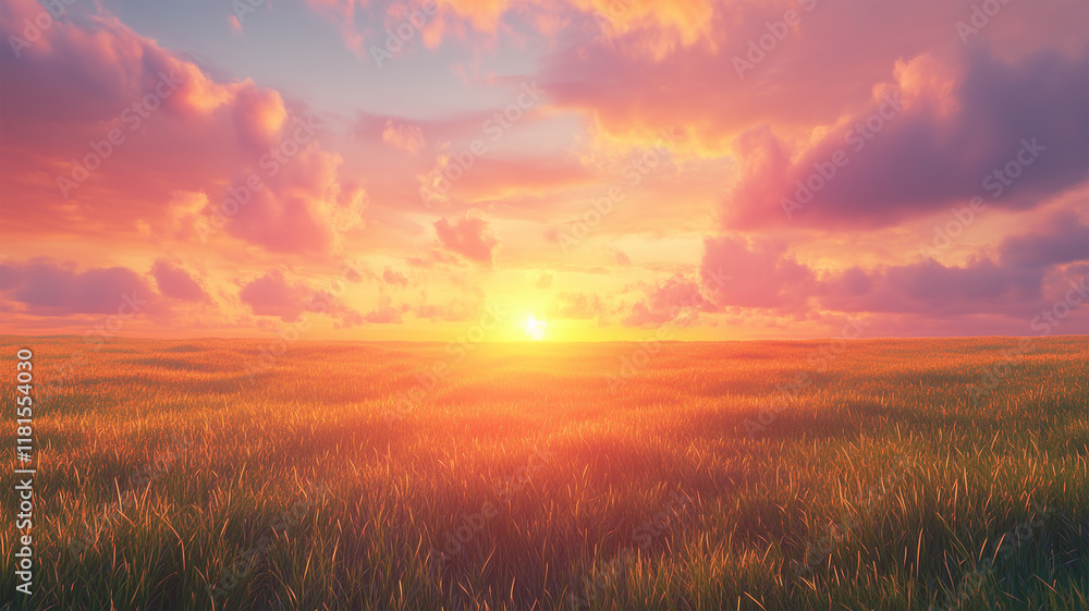 夕焼けの光と霧が漂う草原の情景