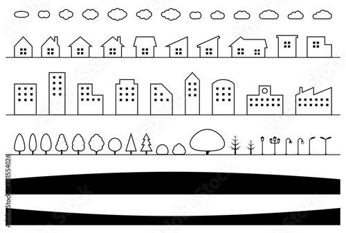 様々な家並み・街並みのパーツ、アイコンのベクターイラストセット