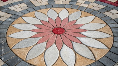 An artistic closeup depicting a circular pattern formed by the paving stones wherein each stone radiates outwards like the petals of a flower. The center stone a vibrant shade of photo