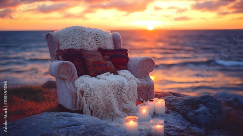 Cozy Chair Creates Tranquil Sunset Coastal Retreat with Candles