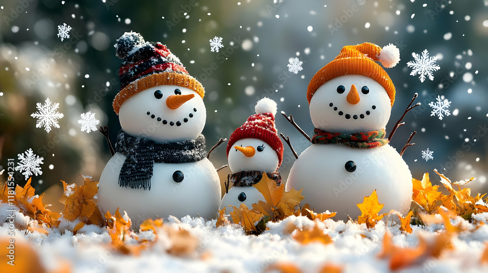 Snowmen Family Enjoying First Snowfall with Autumn Leaves Gently Falling Snowmen Family Enjoying First Snowfall with Autumn Leaves Gently Falling