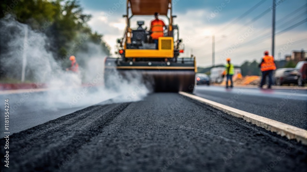 An artistic portrait of the paving process where the machines powerful engine emits a plume of vapor mingling with the scent of fresh asphalt. The foreground captures the chatter An artistic portrait of the paving process where the machines powerful engine emits a plume of vapor mingling with the scent of fresh asphalt. The foreground captures the chatter
