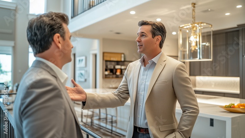 A charismatic realtor in a beige suit gestures towards an open-plan kitchen during a luxury home tour. The setting exudes elegance with warm lighting highlighting premium features.