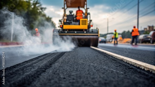 An artistic portrait of the paving process where the machines powerful engine emits a plume of vapor mingling with the scent of fresh asphalt. The foreground captures the chatter