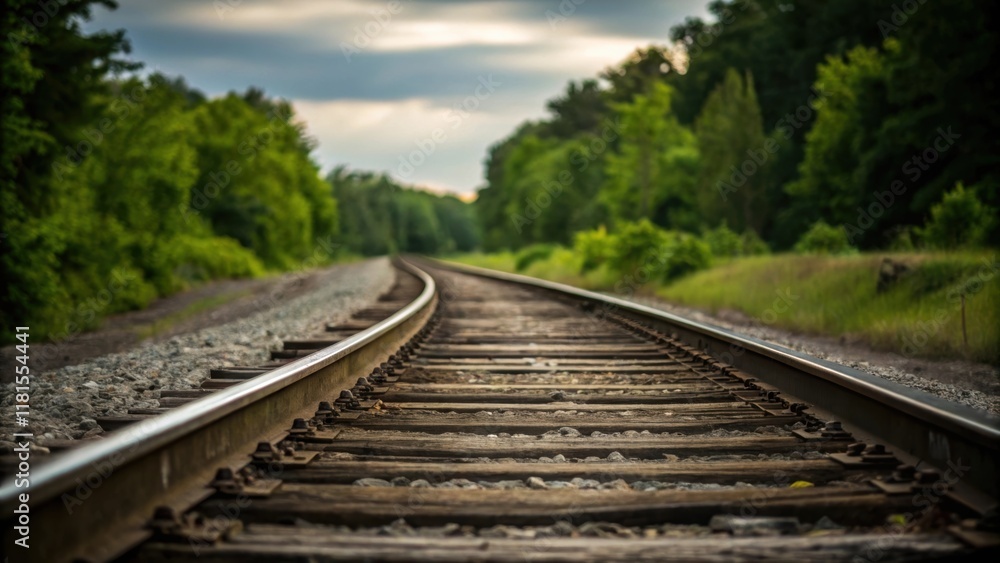 Fototapeta premium An artistic shot of the rail tracks curving into the distance with the focus on the texture of the tracks themselvesgritty and weatheredcontrasting sharply with the surrounding