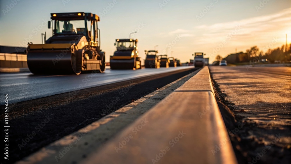 An artistic shot of machinery casting long shadows during the golden hour where the asphalt milling machines are lined up near the edge of a construction zone. The smooth sheen of An artistic shot of machinery casting long shadows during the golden hour where the asphalt milling machines are lined up near the edge of a construction zone. The smooth sheen of