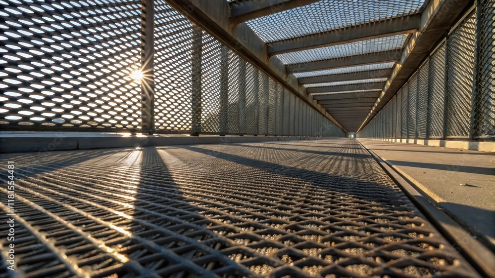 Fototapeta premium An artistic view capturing the patterns of steel mesh panels from a low angle with sunlight filtering through the gaps. This perspective creates an illusion of depth with shadows