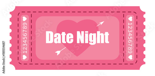 Date Night pink ticket for Valentines day isolated on white background.