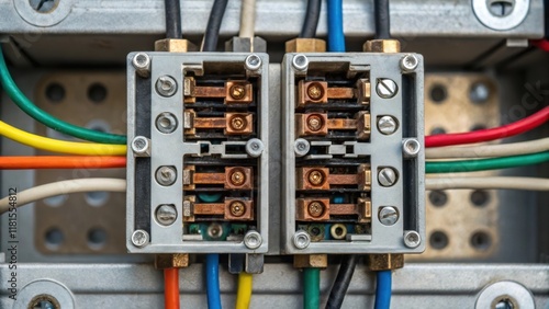 An extreme closeup of the electrical contacts and sensors embedded within the switches revealing an intricate dance of circuits and metal parts. The interconnectivity is emphasized photo