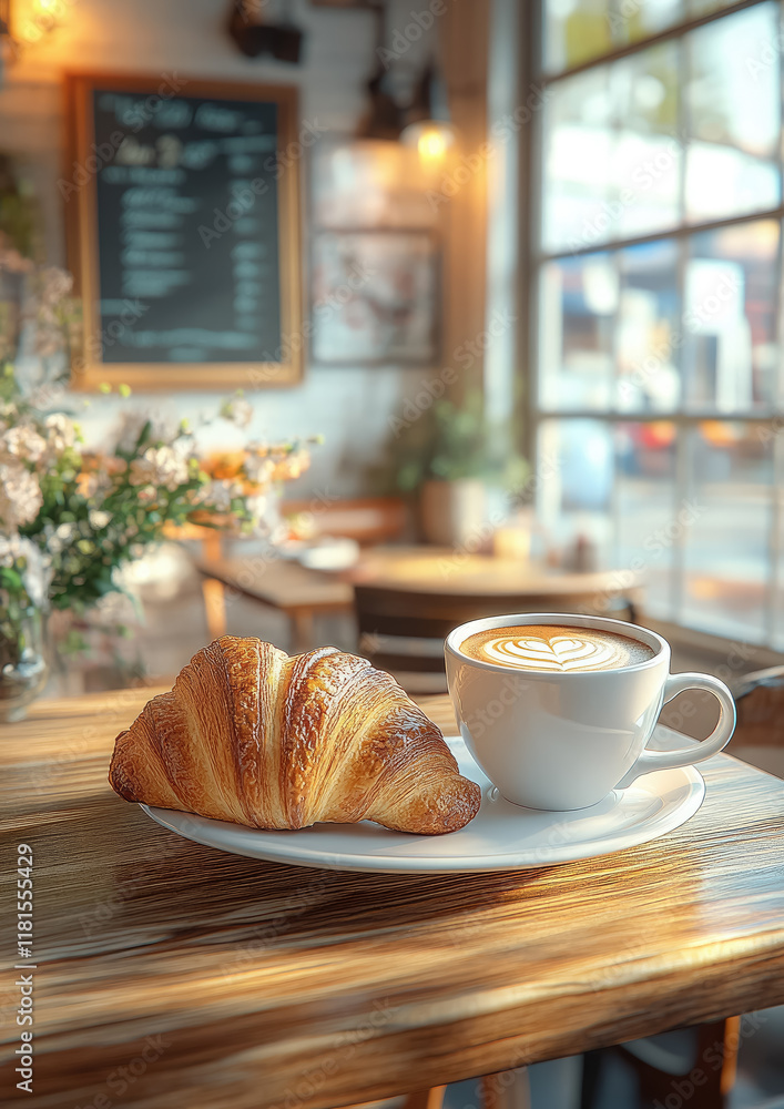 croissant and cup of coffee on a table in a cafe against the background of a light interior of a coffee shop croissant and cup of coffee on a table in a cafe against the background of a light interior of a coffee shop