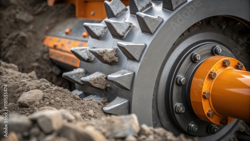 An intense closeup of the machines rotating ting wheel showcasing the jagged metallic teeth embedded with sharp tungsten carbide tips glimmering in the light. Chunks of soil and photo