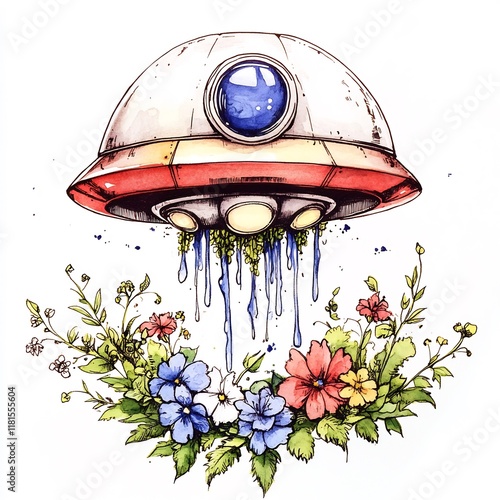 Vibrant Hand-Drawn Illustration: Retro UFO Gently Landing Amidst Blooming Flowers. AI Generated photo