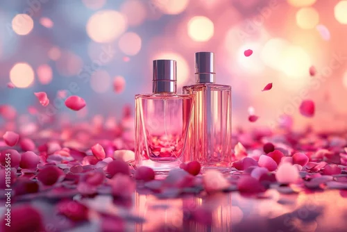 Fototapeta samoprzylepna Two Glass Perfume Bottles Amidst Falling Rose Petals with Blurred Bokeh Background.