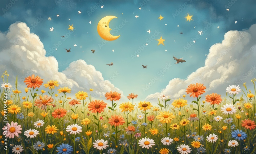 Vibrant flowers under a moonlit sky Vibrant flowers under a moonlit sky