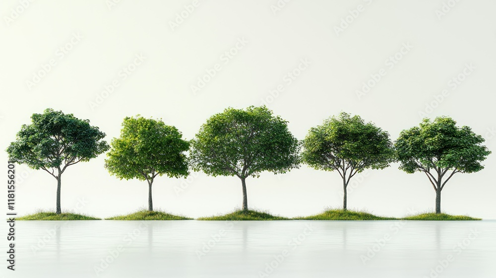 Obraz premium Five Lush Green Trees in a Row, Nature's Serenity
