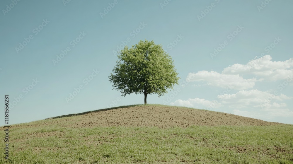 Fototapeta premium A flourishing green tree on a gentle hill, surrounded by soil and grass under a minimalist sky