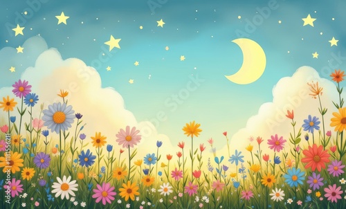 Colorful flower field under the moon