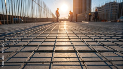 An overhead angle highlights the gridlike pattern formed by a lineup of wire mesh fencing panels the sun casting geometric shadows on the ground while construction workers bustle photo