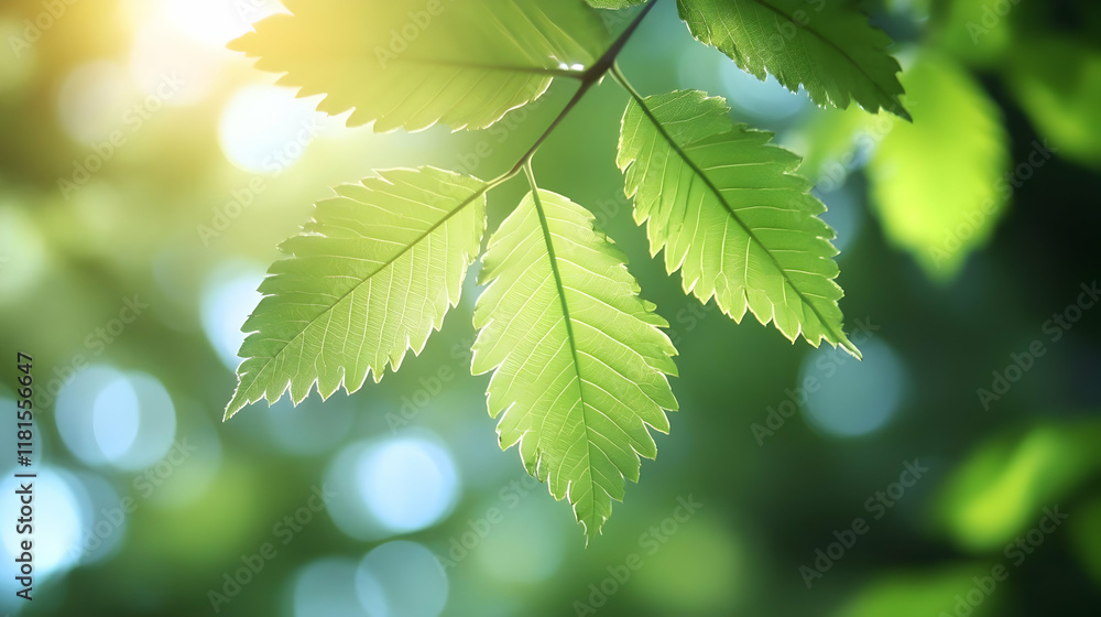 Green Leaves Glow Beautifully in the Sunlight with Forest Background Green Leaves Glow Beautifully in the Sunlight with Forest Background