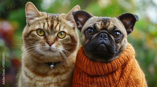 Cat with Dog, Posing, Funny cat photo, set, funny portraits, animals, cute, silly, character, winter, wool, cosy, serious expression, pug, puppy, cat and dog, two animals, pose, portrait, outdoors